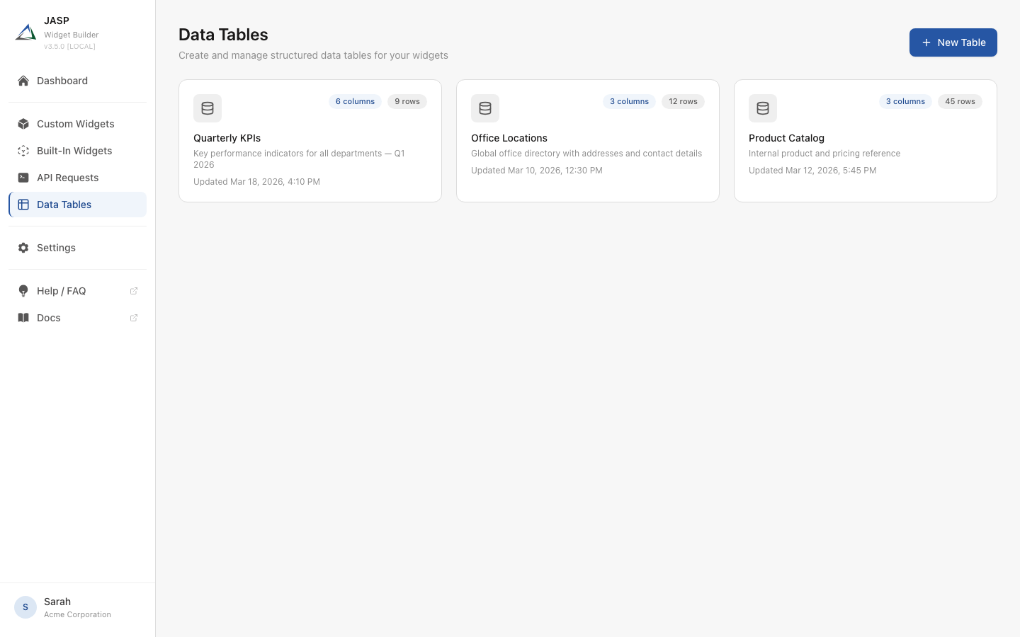 Data Tables overview page