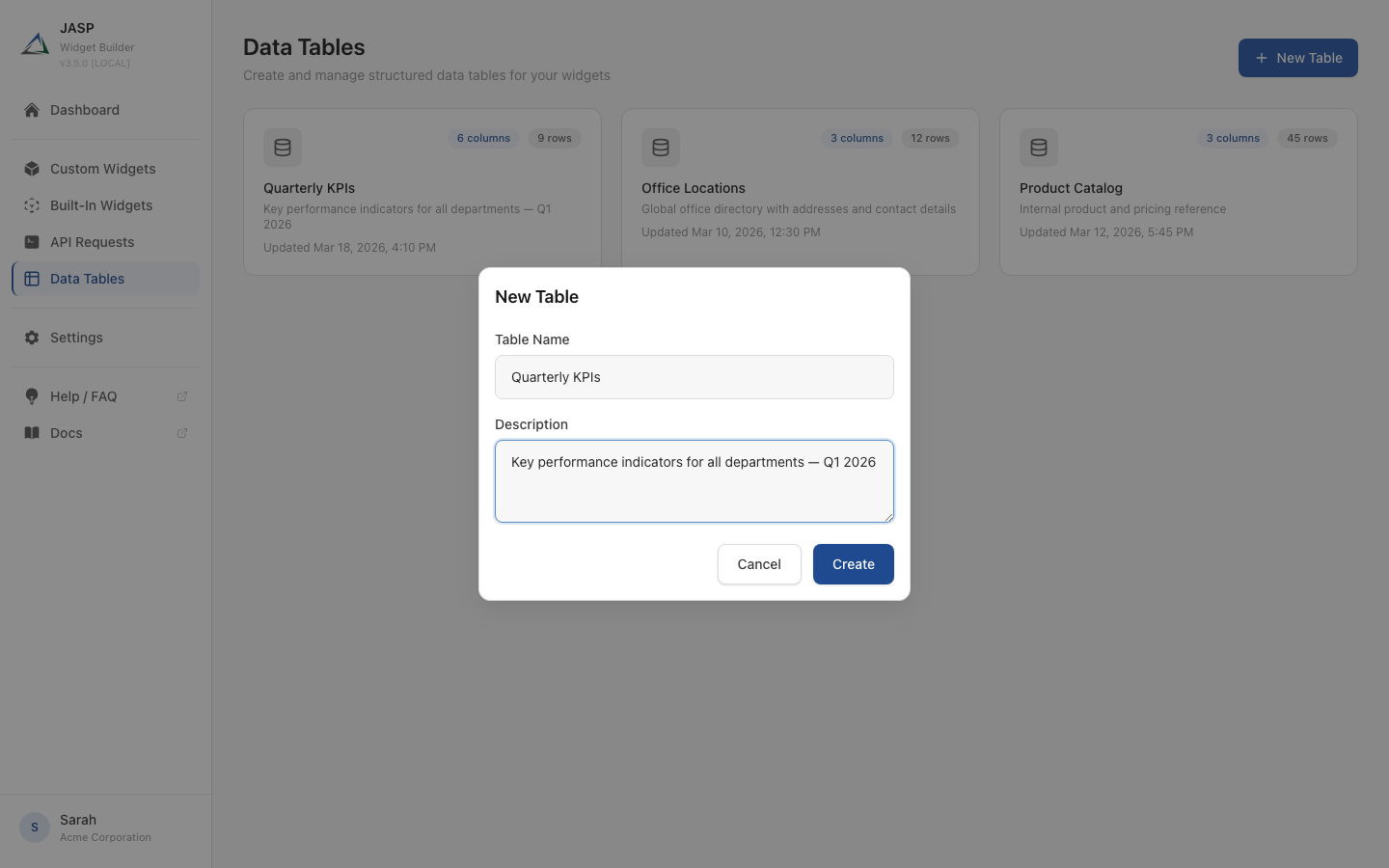 Create table dialog with name and description fields