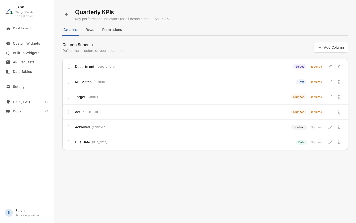 Column schema showing six columns with type badges