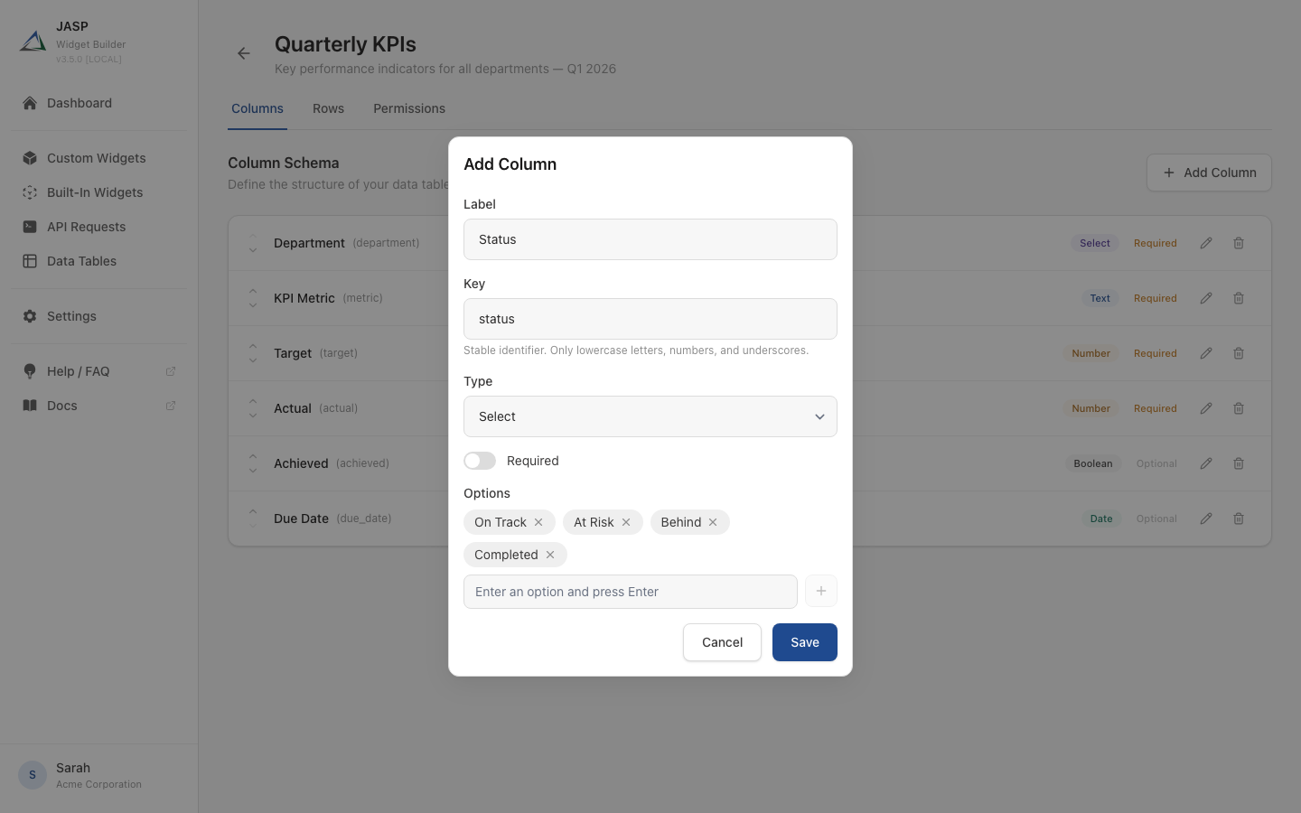 Add Column dialog showing a Select type column with department options