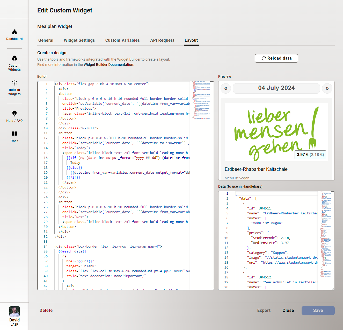 Edit Custom Widget - Layout Tab