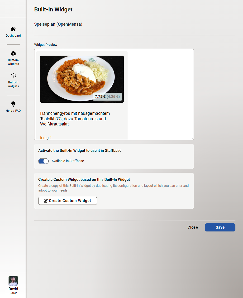 Built-in 'Meal Plan' Widget