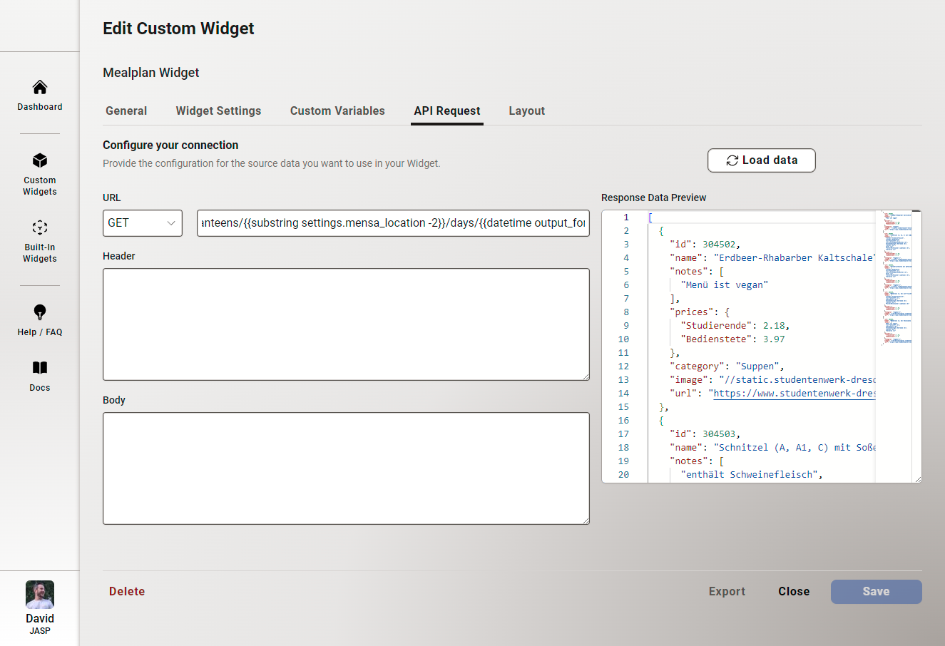Edit Custom Widget - API Request Tab