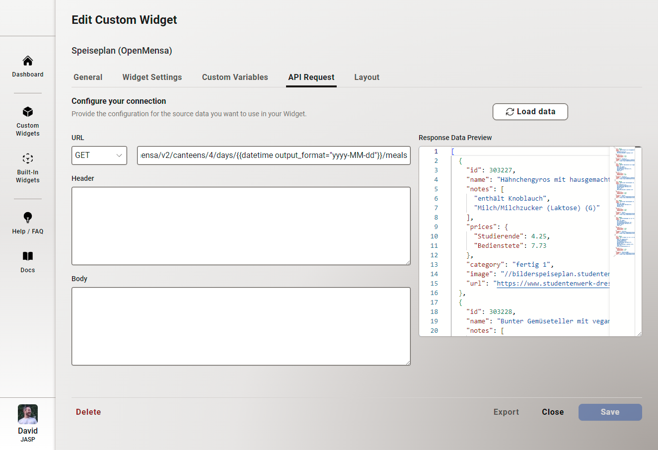 Edit Custom Widget - API Request Tab