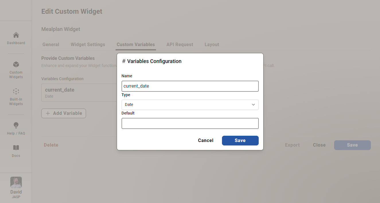 Custom Widget bearbeiten - Benutzerdefinierte Variablen-Tab