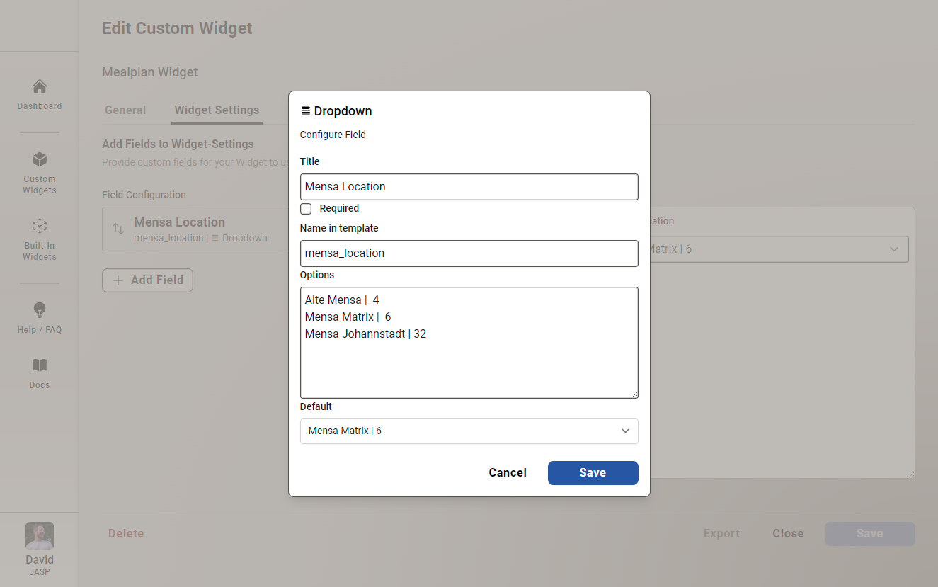 Custom Widget bearbeiten - Widget-Einstellungen-Tab