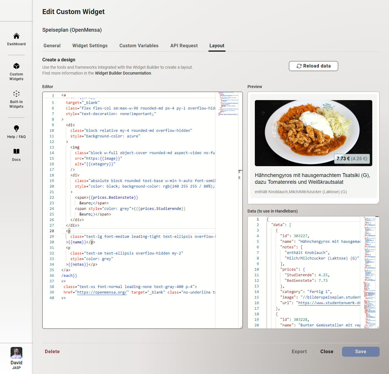 Custom Widget bearbeiten - Layout-Tab