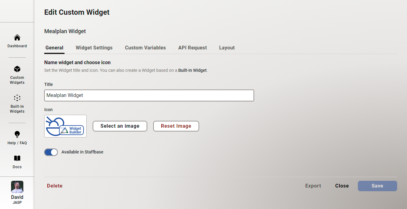 Custom Widget bearbeiten - Allgemein-Tab